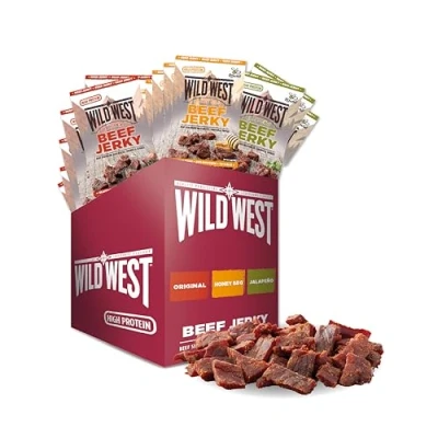 Abbildung von Wild West Beef Jerky, Mix Box 25g, 16er Pack mit 6x Original, Honey BBQ, 4x Jalapeno, Rinderdörrfleisch, Jerky high Protein Trockenfleisch, Snack