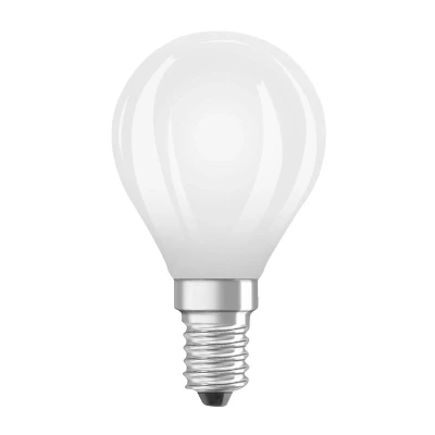Abbildung von OSRAM LED Lampe in klassischer Miniballform, mit dekorativem Filament im Frosted Design, Energieeffizienzklasse A, E14, 1.2 W, 255 lm, 4000 K, kaltweiß. Ohne Aufwärmen, sofort 100% Licht.