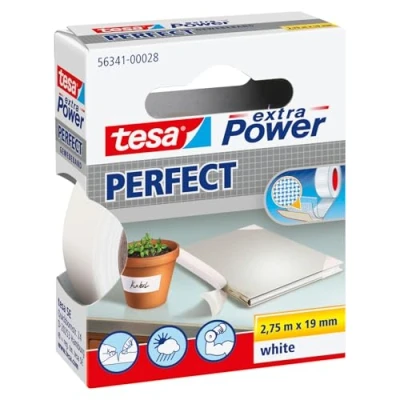 Abbildung von tesa extra Power Perfect Gewebeband Gewebeverstärktes Ductape zum Basteln, Reparieren, Befestigen, Verstärken und Beschriften Weiß 2,75 m x 19 mm