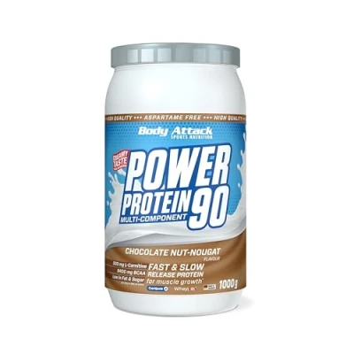 Abbildung von Body Attack POWER Protein 90 Chocolate Nut Nougat 1kg Dose Mehrkomponenten Pulver, Made in Germany Mit BCAA, Vitaminen &amp; L Carnitin Shake extra cremiger Geschmack