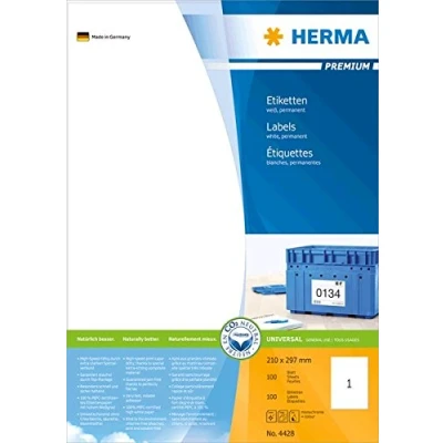 Abbildung von HERMA 4428 Universal Etiketten, 1400 Blatt, 210 x 297 mm, 1 pro A4 Bogen, Stück, selbstklebend, bedruckbar, matt, blanko Papier Klebeetiketten Aufkleber, weiß