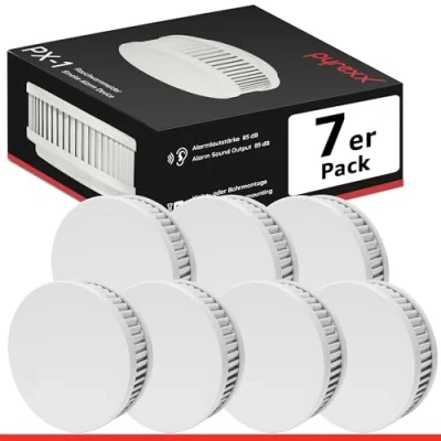 Abbildung von Pyrexx PX 1 Rauchwarnmelder 7 Stück 10 Jahre Batterie mit Magnet Halterung ohne Bohren und LED Blinken, Zertifiziert nach Q Label, Weiß