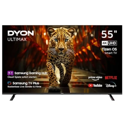 Abbildung von DYON ULTIMAX 55U TI 55 Zoll (139 cm) Fernseher (4K Ultra HD Smart TV, Tizen OS, Triple Tuner (DVB C/ S2/ T2), Samsung &amp; Gaming Hub, Prime Video, Netflix, Disney+) [2024]