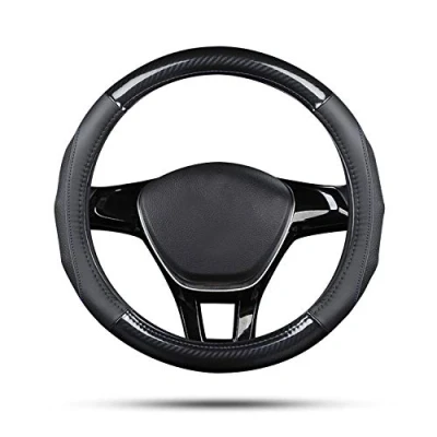 Abbildung von Ergocar Auto Lenkradbezug Rutschfester Sport Lenkradschutz Kohlefaser &amp; Erste Schicht Rindsleder für Durchmesser 38cm (15 &quot;) (Schwarz)