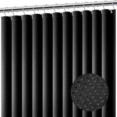 Abbildung von Clara Clark Schwarzer Duschvorhang Wasserdichter für Badezimmer, Waffelstoff, Badezimmervorhang, Stoff 180 x cm (71 71 Zoll), Stoffduschvorhang