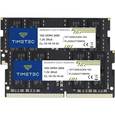 Abbildung von Timetec 32GB KIT (2x16GB) DDR4 2666MHz (DDR4 2666) PC4 21300 (PC4 2666V) Nicht ECC ungepuffert 1,2V CL19 2Rx8 Dual Rank 260 Pin SODIMM Laptop Notebook PC Computer Speicher RAM Modul Upgrade