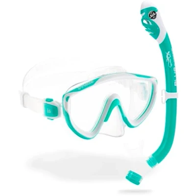 Abbildung von Cressi Tinetto &amp; Iguana Dry Mask Snorkel Kits, Aqua Grün/Weiß