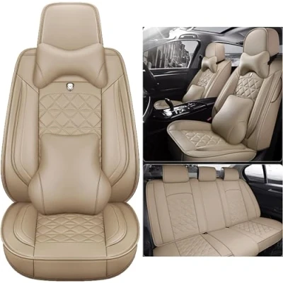 Abbildung von Eunncu Autositzbezüge komplettes Set Universal in Stylish Design Schonbezüge für Vordersitze und Rückbank Auto Sitzbezüge Airbag Kompatibel Premium Wasserdicht Sitzbezug, Beige Luxus