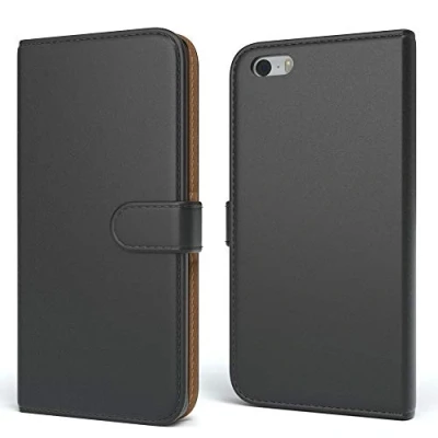 Abbildung von EAZY CASE Tasche kompatibel mit iPhone 5 / 5S SE (2016) Schutzhülle Standfunktion Klapphülle im Bookstyle, Handytasche Handyhülle Magnetverschluss und Kartenfach, Kunstleder, Schwarz