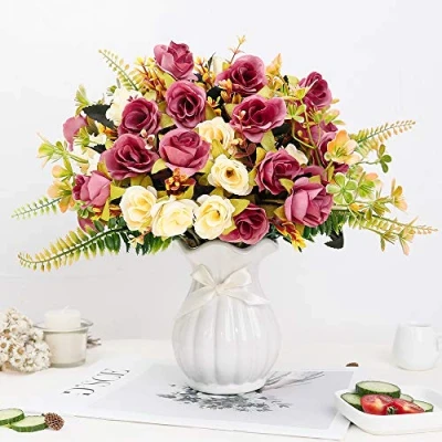 Abbildung von LESING Künstliche Seidenrose mit Vase, Kunstblumen, Hochzeitsblumen, Blumensträuße, Arrangement, Zuhause, Büro, Party, Tafelaufsatz, Tischdekoration (Violett Rot, 1)