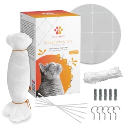 Abbildung von PFOTENKRAFT Katzennetz für Balkon &amp; Fenster ohne Bohren I Transparentes Robustes Balkonnetz Katzen inkl. Befestigungsset (3 x 4m)
