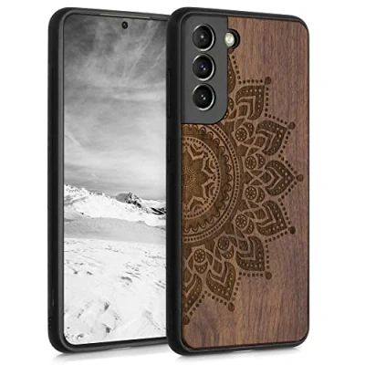 Abbildung von kwmobile Hülle kompatibel mit Samsung Galaxy S21 FE Holz Case Handy Cover TPU Handyhülle in Dunkelbraun Aufgehende Sonne