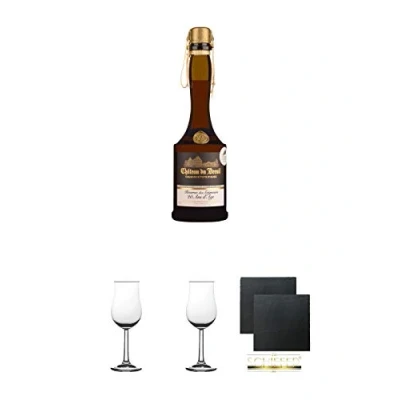 Abbildung von Chateau du Breuil 20 Jahre Pays d&#039; Auge Calvados Frankreich 0,7 Liter + 2 Bugatti Nosing Gläser mit Eichstrich 2cl und 4cl Schiefer Glasuntersetzer eckig ca. 9,5 cm Ø