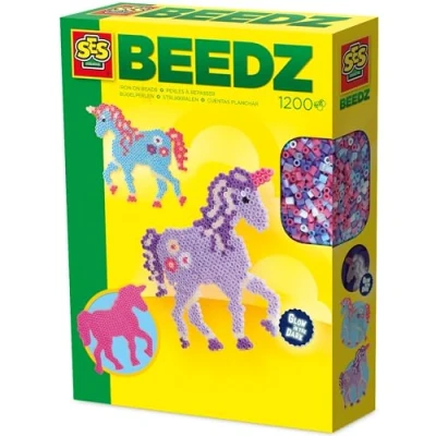 Abbildung von SES Creative 06115 Bügelperlen Set Einhorn, Glow in the Dark, 1200 Perlen für leuchtende Motive, Gemischt