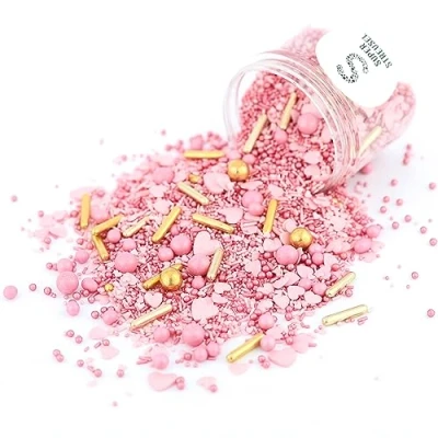 Abbildung von Super Streusel Rosa Lieblingsding Herz Mix 90g Streudeko Essbar Essbare Deko Sprinkles Pink Gold Ohne AO Farbstoffe Alle Zutaten aus der EU (90g)
