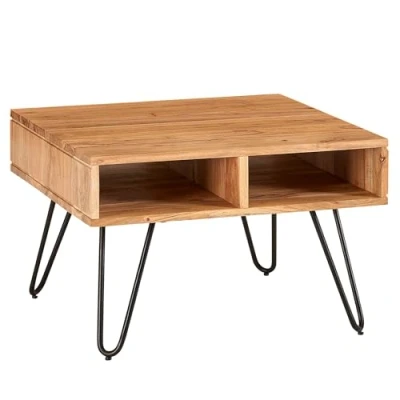 Abbildung von FINEBUY Couchtisch FB67218 (60x60x40 cm Akazie Massivholz / Metall, Sofatisch), Wohnzimmertisch Quadratisch, Kaffeetisch Stauraum