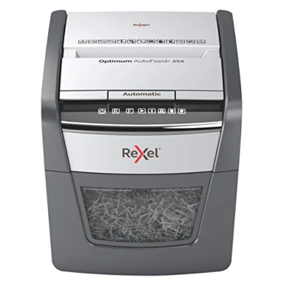 Abbildung von Rexel Optimum AutoFeed+ 45X Automatischer Aktenvernichter CH, 45 Blatt, Sicherheitsstufe P4, Partikelschnitt, für Zuhause/Home Office, 20 Liter Abfallbehälter, mit Schweizer Netzstecker, 2020045XCH