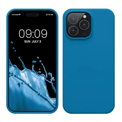 Abbildung von kwmobile Hülle für das iPhone 14 Pro Max dünnes Silikon Handy Case stoßfeste Handyhülle mit weicher Oberfläche unterstützt kabelloses Laden Karibikblau