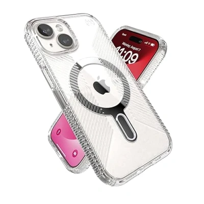 Abbildung von Speck Klare iPhone 15 Hülle ClickLock rutschfeste Interlock, gebaut für MagSafe, Fallschutzgriff 15, 14, 13 Anti Gelb 6,1 Zoll Handyhülle Presidio Grip Clear/Chrom