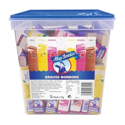 Abbildung von Frigeo Ahoj Brause Bonbons Stangen in drei prickelnden, süß sauren Geschmacksrichtungen, Drops zum Lutschen, vegan, im Vorrats Pack, 100 2,3 kg Eimer