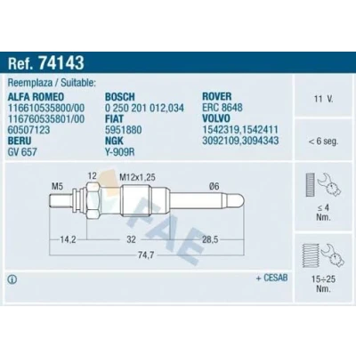 Abbildung von FAE 74143 Glühkerze 11V M12x125