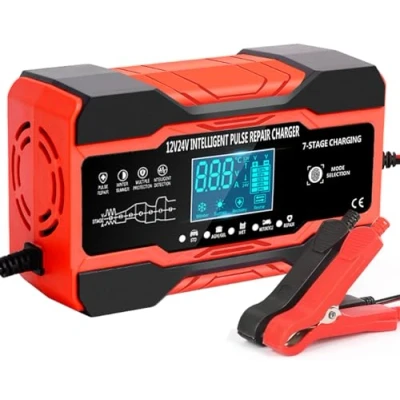 Abbildung von 10A Autobatterie Ladegerät, 12V/24V Smart vollautomatische KFZ Batterieladegerät mit LCD Bildschirm, geeignet für Auto LKW Motorrad Rasenmäher Boot Marine Batterien