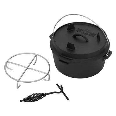 Abbildung von BBQ Boss Feuertopf Eingebrannter aus Gusseisen mit Deckelheber, Gusseisen, Grilltopf Set Schwarz 4,2 Liter Rund Schlitz für Themormeter