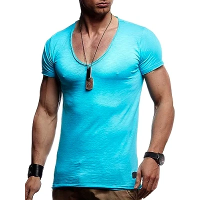 Abbildung von Leif Nelson Sommer T Shirt Herren V Ausschnitt (Türkis, Größe L) Coole Tshirts Neck Baumwolle Basic Shirts Männer Kurzarm tiefem