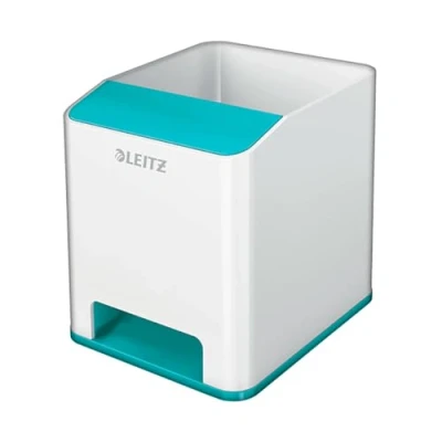 Abbildung von Leitz Sound Stifteköcher mit Soundverstärkungsfunktion, Stiftehalter inkl. Smartphone Fach Weiß/Eisblau, Duo Colour, WOW, 53631051