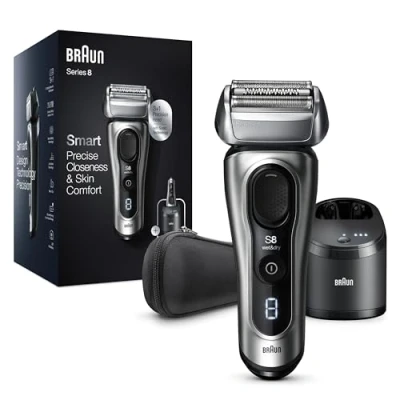 Abbildung von Braun Series 8 Rasierer Herren mit 3+1 Scherkopf, Elektrorasierer &amp; Trimmer, Sonic Technologie, 40 Kopf, Konturenanpassung, Reinigungsstation, Wet Dry, 8467cc, silber