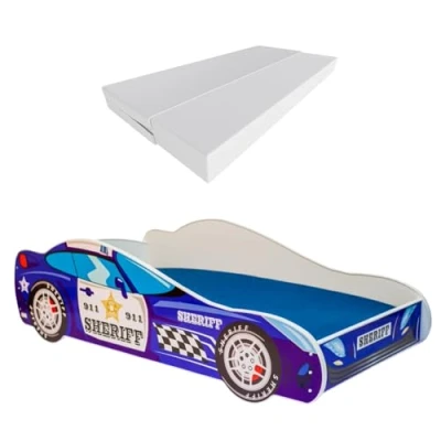 Abbildung von KOBI Kinderbett mit Rausfallschutz Auto Sheriff Polizei 160 x 80 cm Jugendbett Matratze Kinderbetten Jungen Mädchen Einzelbett Kinder Bett Autobett