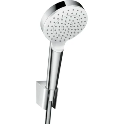 Abbildung von hansgrohe Duschbrause &quot;Crometta&quot;, (Brauseschlauch, Handbrause, Brausehalter), 10cm, 1 Strahlart wassersparend mit Duschschlauch 125cm, Weiß/chrom
