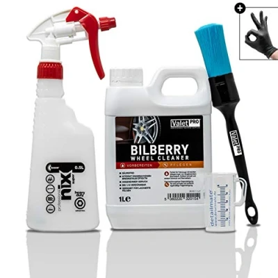 Abbildung von detailmate Felgenreiniger Set: ValetPRO Bilberry Wheel Cleaner 1 L Felgen Reiniger Konzentrat + Kwazar Sprühflasche chemieresistenter Pinsel 50ml Messbecher 2X Schutzhandschuh