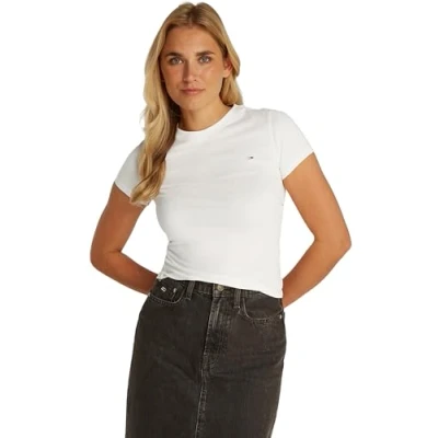 Abbildung von Tommy Jeans Damen T Shirt Kurzarm Slim Rundhalsausschnitt, Weiß (Ecru), XXS