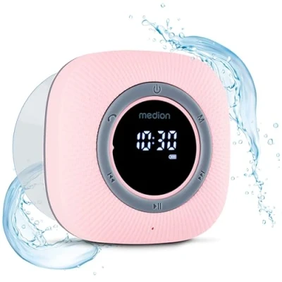 Abbildung von MEDION P66096 Duschradio mit Bluetooth (Badradio, UKW Radio, Saugnapf, LED Display, IPX6 Wasserdicht, integrierter Akku, MD43884) pink