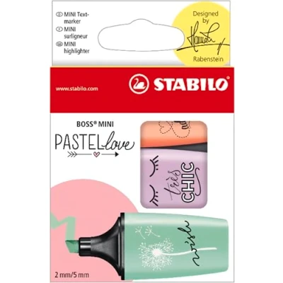 Abbildung von Textmarker STABILO BOSS MINI Pastellove 3er Pack cremige Pfirsichfarbe, Schimmer von Lila, Hauch Minzgrün