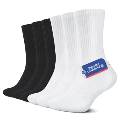 Abbildung von YouShow 6 Paar Sportsocken Herren Damen Classic Schwarz Weiß Cushioned Crew Socken Tennissocken 39 42