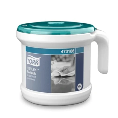Abbildung von Tork Reflex Portable Starter Pack Papierhandtuch und spender mit Mitteneinzug, weiß türkis M4, robustes Design, 1 Packung, 473186 + Nachfüllpackung Wischpapier (Menge von 1)