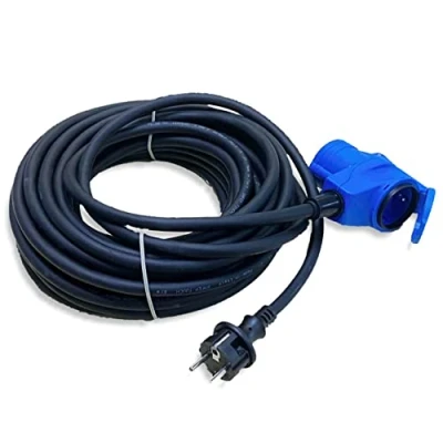 Abbildung von IntuiFlex CEE Adapter Leitung Winkelkupplung mit Steckdose auf Schutzkontakt Stecker 15m Kabel IP44 230V/16A 3 polig für Camping, Stromadapter Boot, Camper, Wohnwagen, Wohnmobil, Winkelbuchse blau
