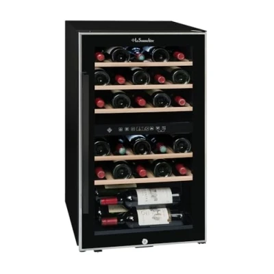 Abbildung von La Sommeliere Weinkühlschrank ECS31.2Z, 29 Flaschen, 2 Zonen Temperier Servier Weinschrank, Glastür aus UV undurchlässigem Glas, Temperaturbereich von 5C bis 20C, freistehend [Energieklasse G]