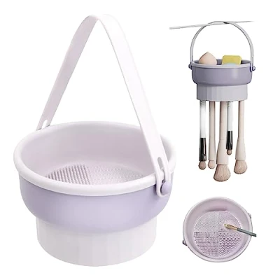 Abbildung von Make up Pinsel Reiniger Silikon Pinselhalter 3 in 1 Reinigungsmatte, Reinigungsbox zum Reinigen, Aufbewahren und Trocknen von Kosmetikpinsel Schwamm(Lila)