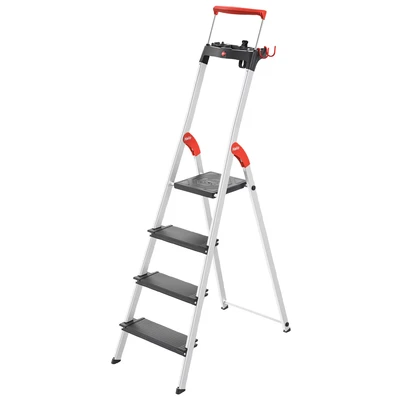 Abbildung von Hailo L100 Topline Alu Sicherheits Stehleiter 4 XXL Stufen bis 150 kg mit ausziehbarem Haltebügel, Plattformverriegelung viel Zubehör klappbare Aluleiter Made in Germany schwarz