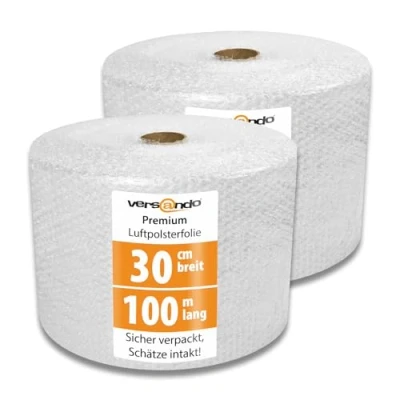 Abbildung von versando 2x Premium Luftpolsterfolie 100m x 0,3m Versand, Verpackung, Umzug Noppenfolie Bubble Wrap LPF Rolle