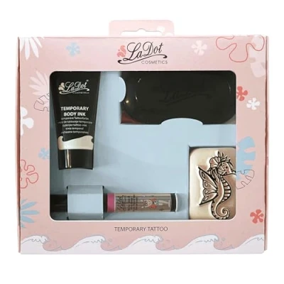 Abbildung von LaDot Tattoo Set M Seepferdchen für Kinder und Erwachsene. Inhalt: Stempelkissen, Tattoofarbe schwarz, Liner pink, Stein Gr.