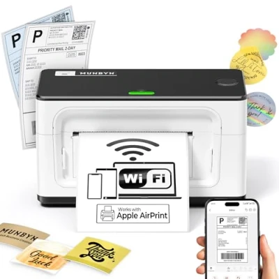 Abbildung von MUNBYN AirPrint Etikettendrucker Wi Fi Labeldrucker WLAN 4x6 Versandetiketten Drucker Thermodrucker Etiketten Thermal Printer für Amazon Shopify Ebay DHL DPD Hermes UPS FedEx GLS, ITPP941AP Weiß
