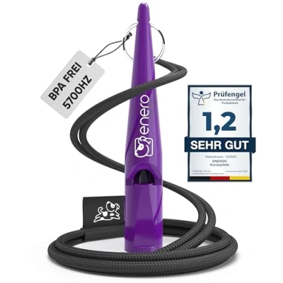 Abbildung von ENERO® Hundepfeife Lila mit praktischem Umhängeband Perfektes Hundezubehör genormter Frequenz Ideal für Hundetraining hörbar &amp; weitreichend