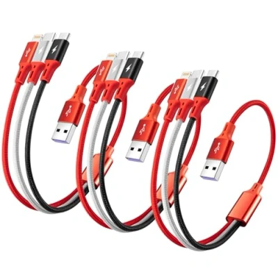 Abbildung von ASICEN Multi USB Kabel [35cm], 3 in 1 Mehrfach Ladekabel Nylon schnellladekabel mit IP/Micro USB/Typ C für iPhone/Tablets/Samsung Galaxy/LG/Pixel/Huawei/HTC/OnePlus (Rot/3Stück)