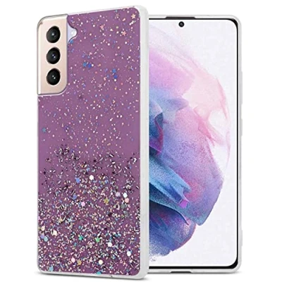 Abbildung von Cadorabo Hülle kompatibel mit Samsung Galaxy S21 Plus Rundumschutz TPU Silikon Case Mädchen Glitzer Strass Design Slim Kratzfest Weiche Gummi Bling Schutzhülle für in Lila