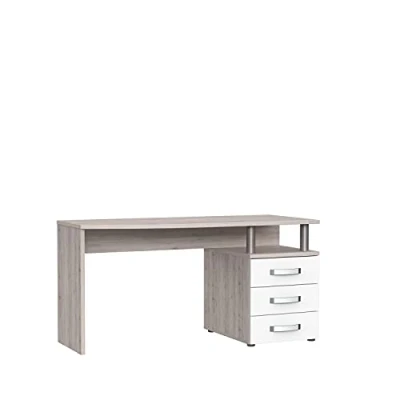 Abbildung von FORTE Rondino Schreibtisch mit 3 Schubladen, Sandeiche kombiniert Weiß Glanz, 59,9 x 138 70,2 cm