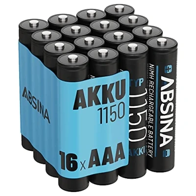 Abbildung von ABSINA Akku AAA Micro 1150 16er Pack NiMH Wiederaufladbarer mit min. 1050mAh &amp; 1,2V Akkus für Geräte hohem Stromverbrauch ideal Telefon 1050 mAh (1.2 V)